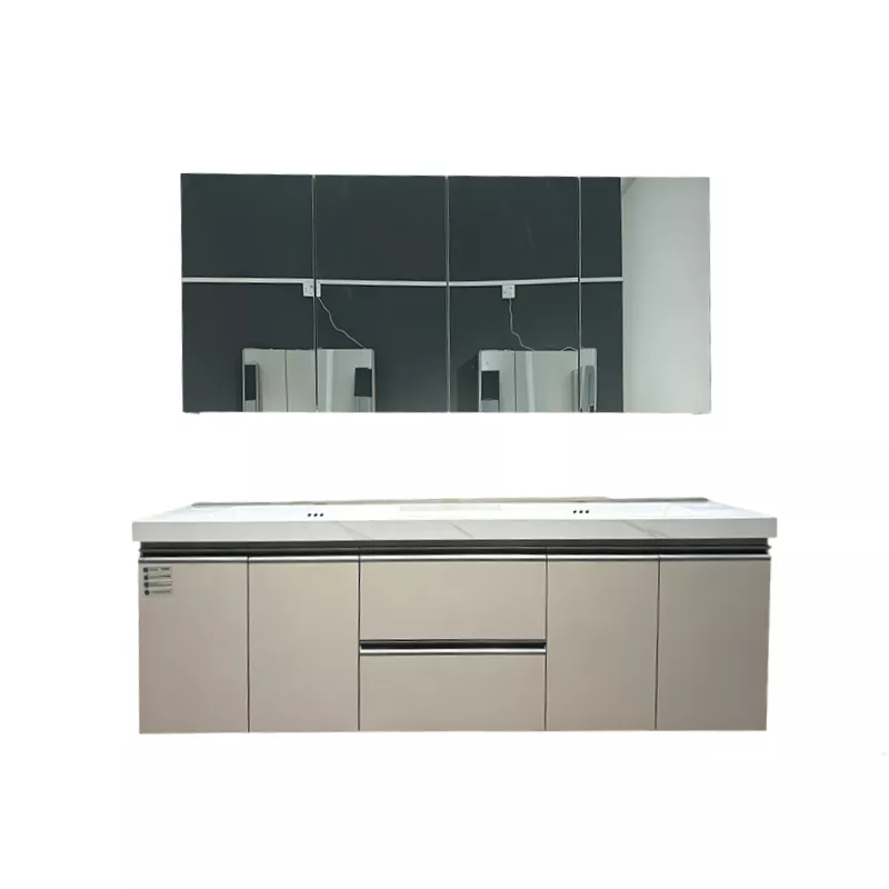Bàn trang điểm phòng tắm bằng gỗ nguyên khối nhiều lớp chậu đôi Bàn trang điểm phòng tắm bằng gỗ nguyên khối nhiều lớp chậu đôi