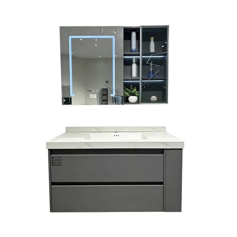 Bàn trang điểm phòng tắm bằng gỗ nguyên khối nhiều lớp với chậu đá thiêu kết